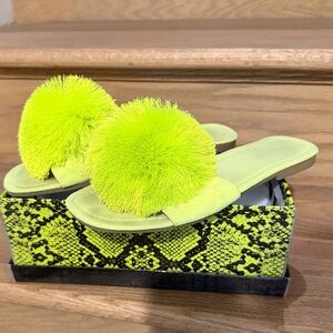 Cape Robbin Neon Yellow Pom Slide Sandals